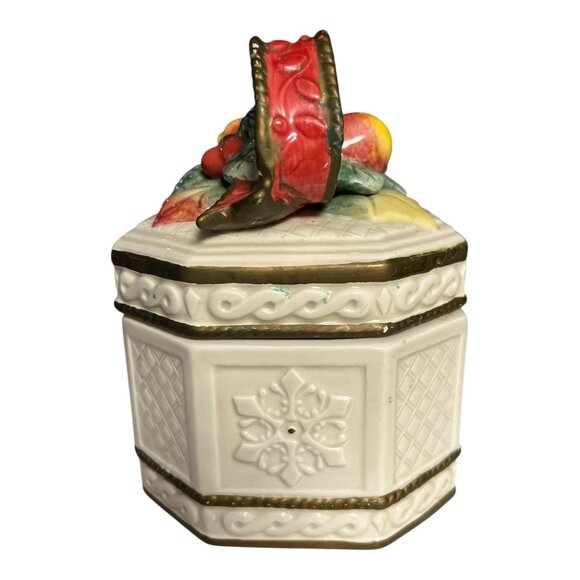 Fitz and Floyd Father Noel Octagon Lidded Box, Fruit & Ribbon Top, 1990s - Picture 4 of 7
